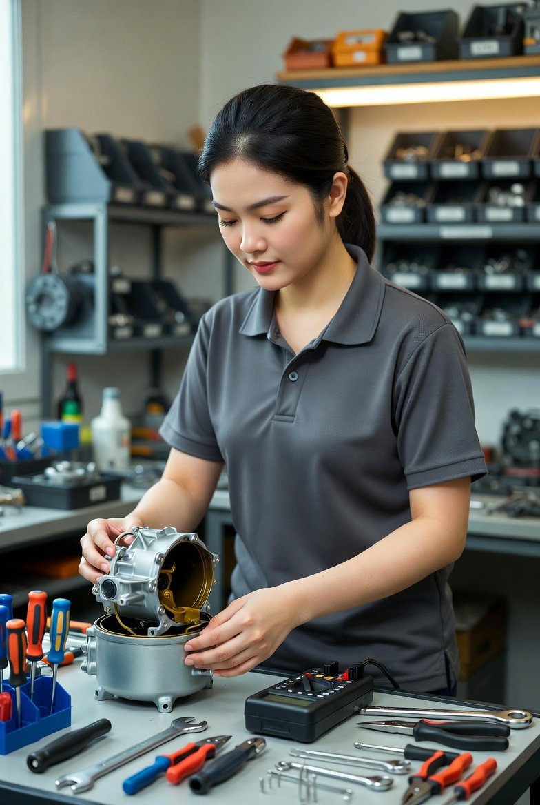 Harith Appliance Care technician at a repair workbench in Singapore