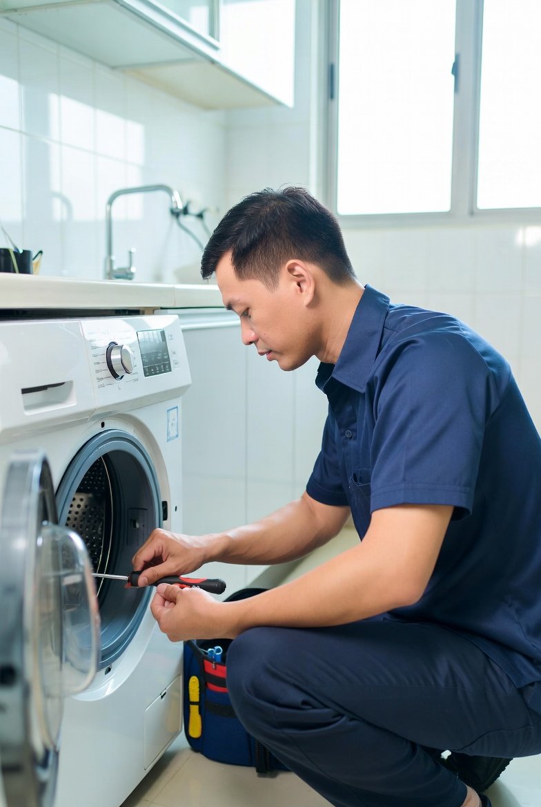 Harith Appliance Care technician repairing a washing machine in a Singapore home